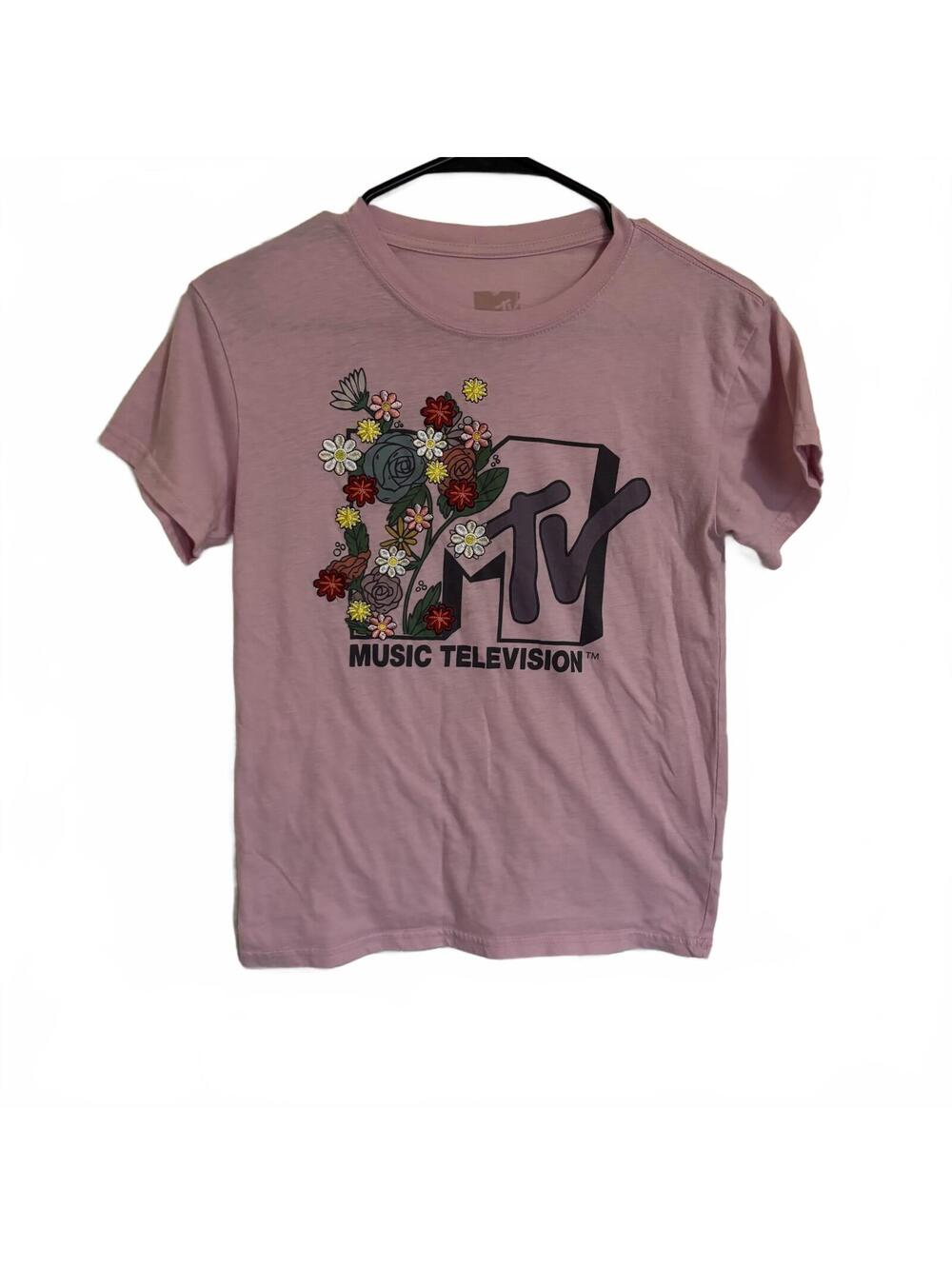 Retro 80s 90s MTV Pink Floral Embroidered T-Shirt juniors size XS